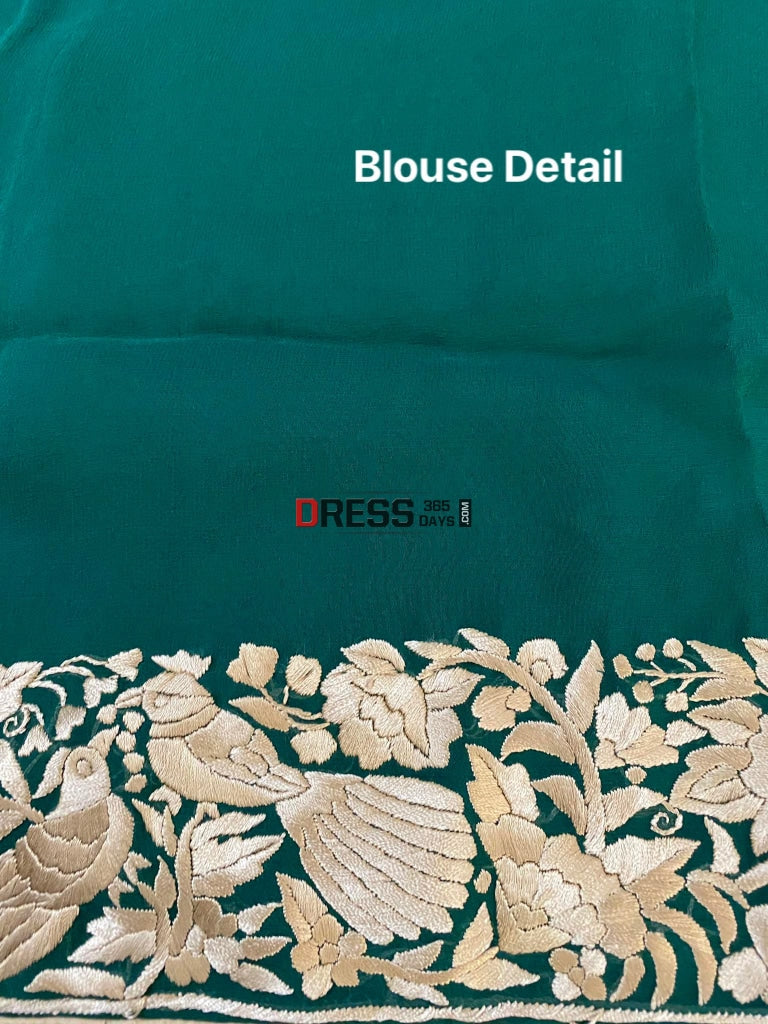 Emerald Green & Gold Parsi Gara Saree