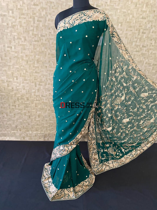 Emerald Green & Gold Parsi Gara Saree