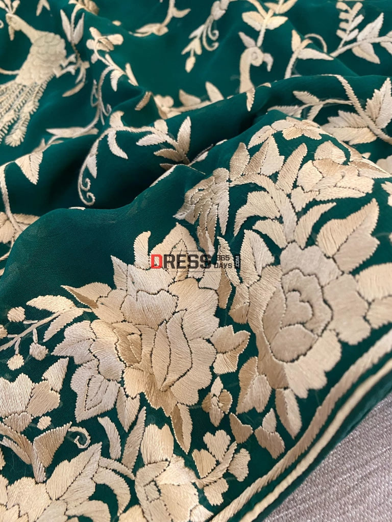 Emerald Green & Gold Parsi Gara Saree