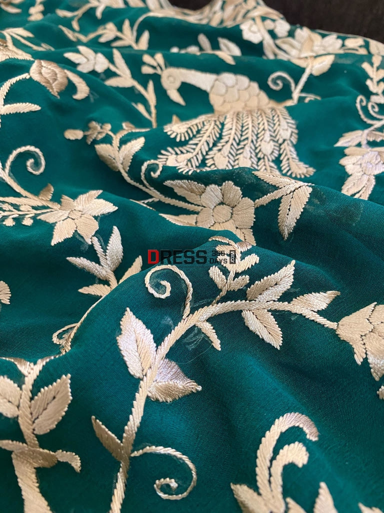 Emerald Green & Gold Parsi Gara Saree