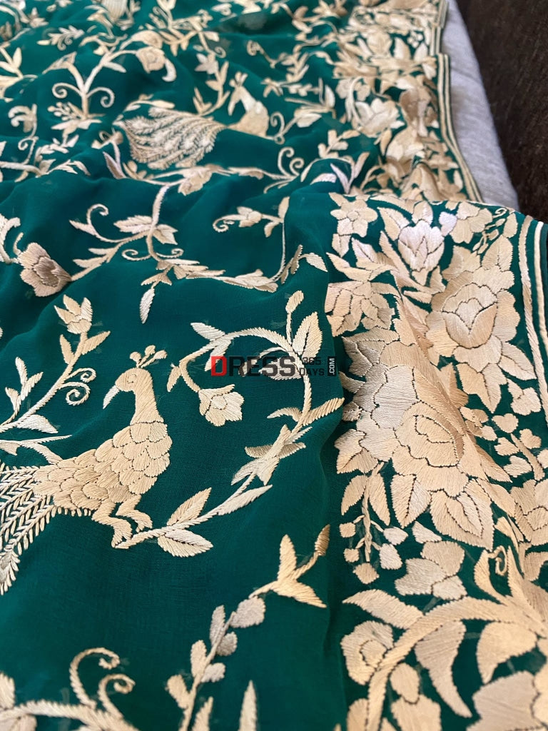 Emerald Green & Gold Parsi Gara Saree