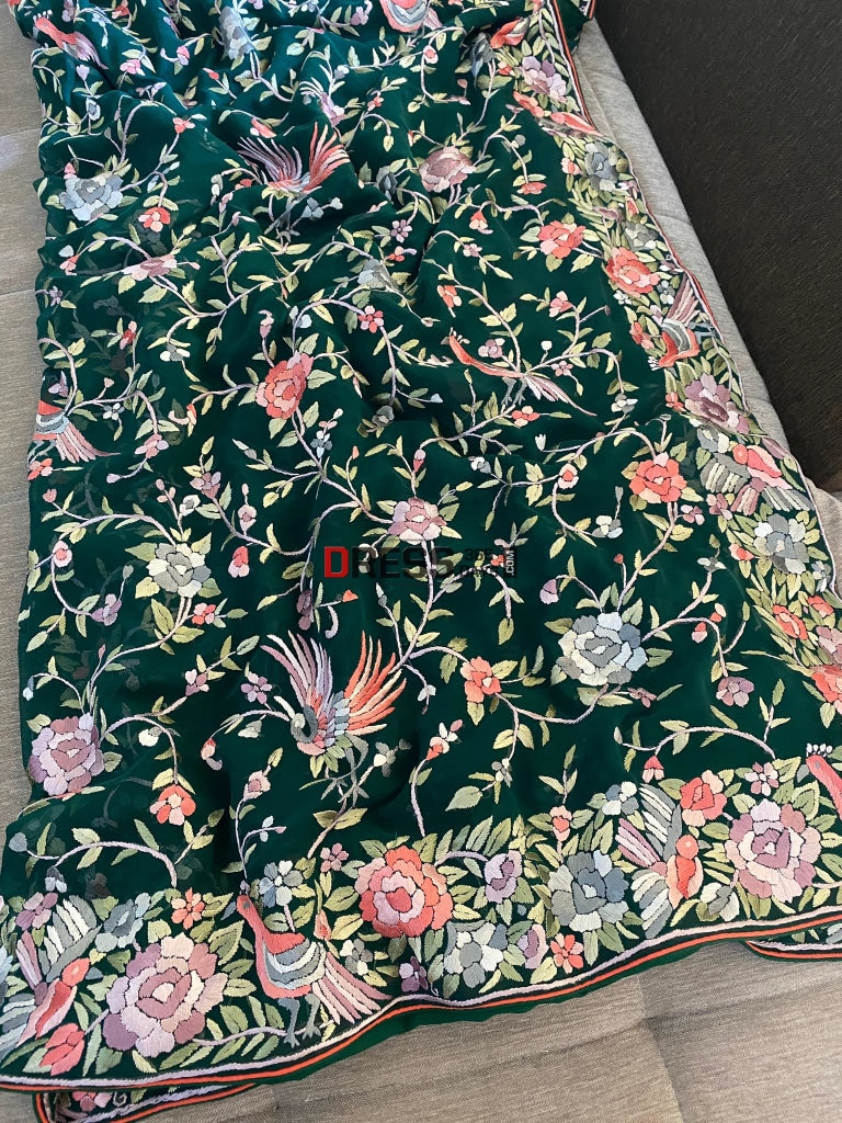 Emerald Green Hand Embroidered Multicolour Parsi Gara Saree