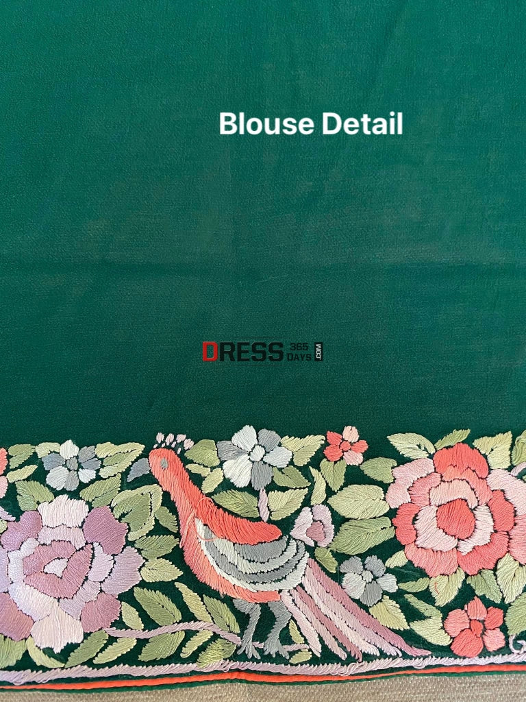 Emerald Green Hand Embroidered Multicolour Parsi Gara Saree