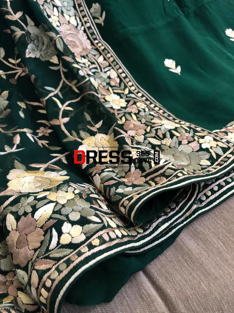 Emerald Green Hand Embroidered Parsi Gara Three Piece Suit Suits