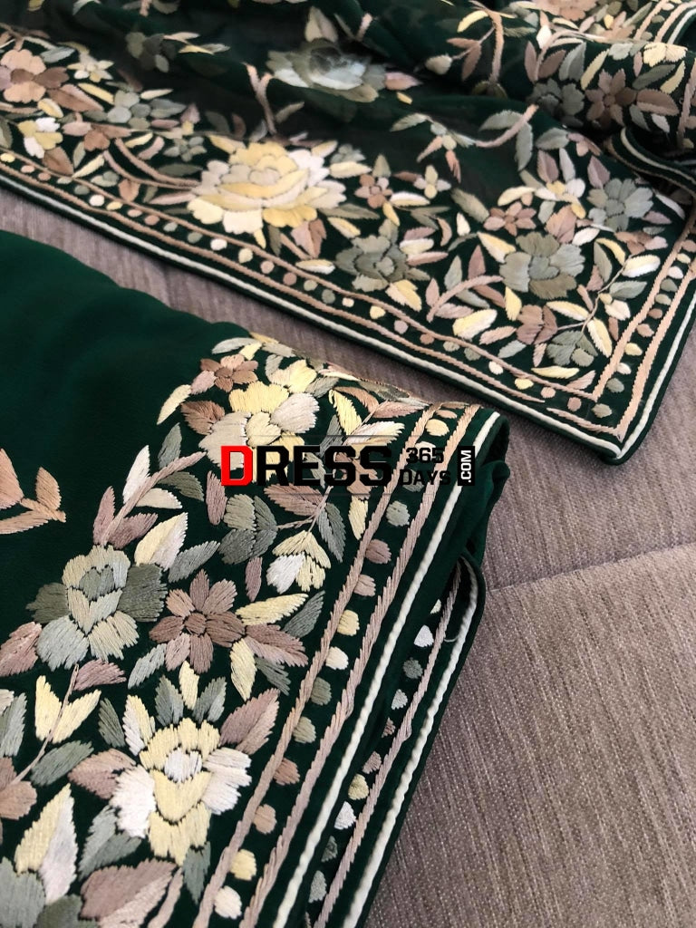 Emerald Green Hand Embroidered Parsi Gara Three Piece Suit Suits