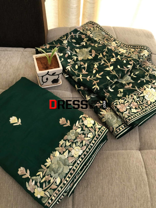 Emerald Green Hand Embroidered Parsi Gara Three Piece Suit Suits