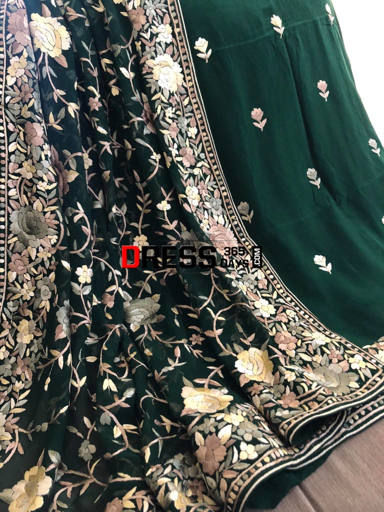 Emerald Green Hand Embroidered Parsi Gara Three Piece Suit Suits