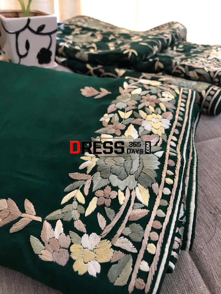 Emerald Green Hand Embroidered Parsi Gara Three Piece Suit Suits