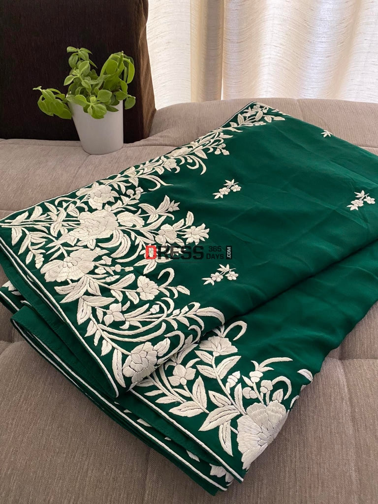 Emerald Green & Ivory Parsi Gara Saree