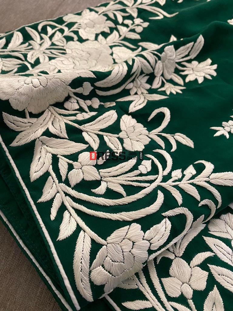 Emerald Green & Ivory Parsi Gara Saree