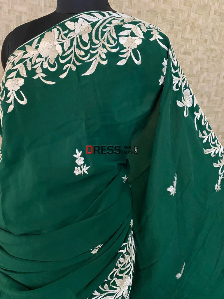 Emerald Green & Ivory Parsi Gara Saree