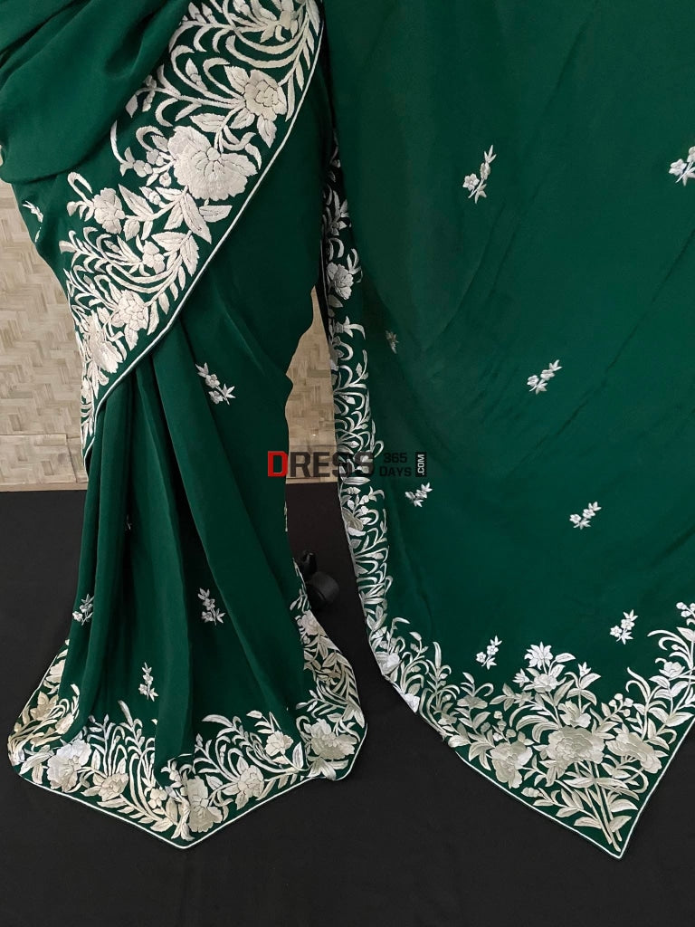 Emerald Green & Ivory Parsi Gara Saree