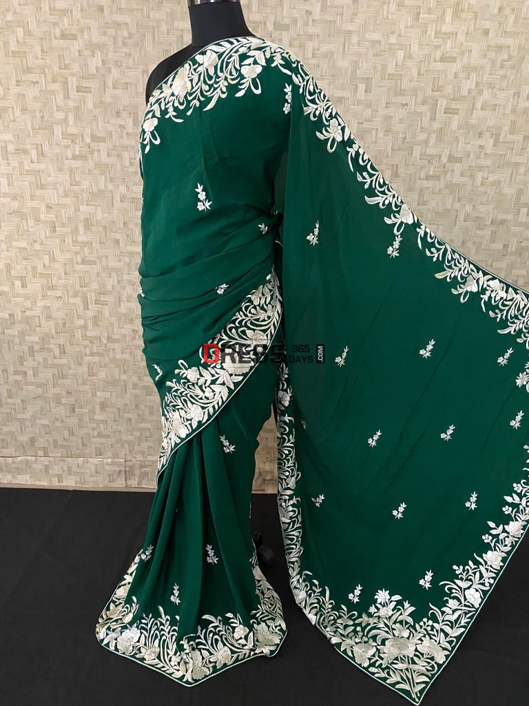 Emerald Green & Ivory Parsi Gara Saree