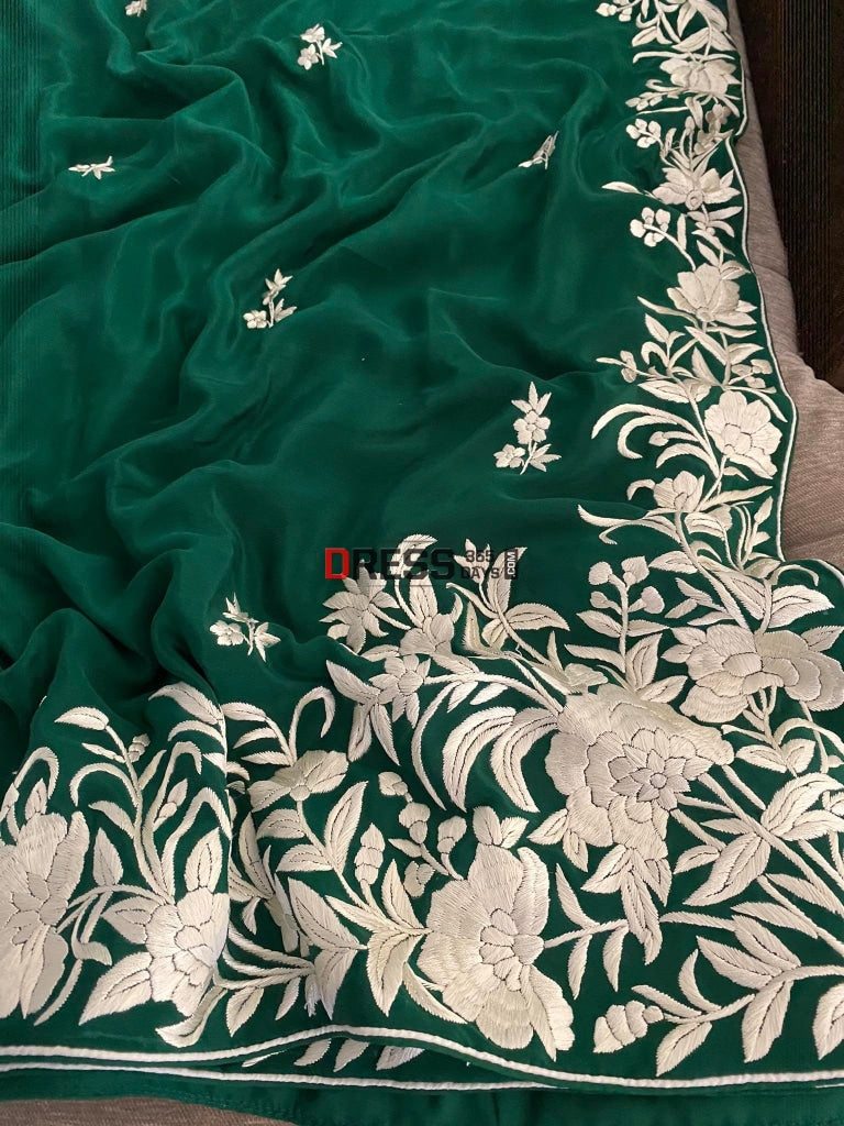 Emerald Green & Ivory Parsi Gara Saree