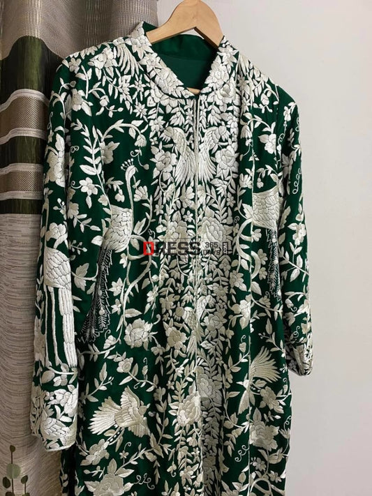 Emerald Green Parsi Gara Crepe Silk Jacket Women