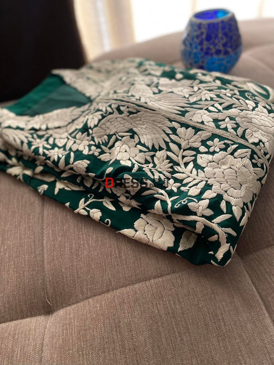 Emerald Green Parsi Gara Crepe Silk Jacket Women
