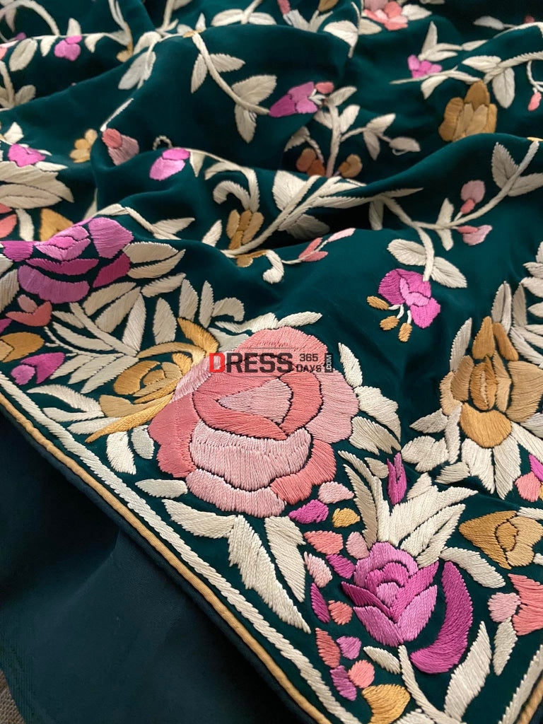 Gara Praid Pre Order Emerald Green Parsi Gara Gara Hand Embroidered Saree ...