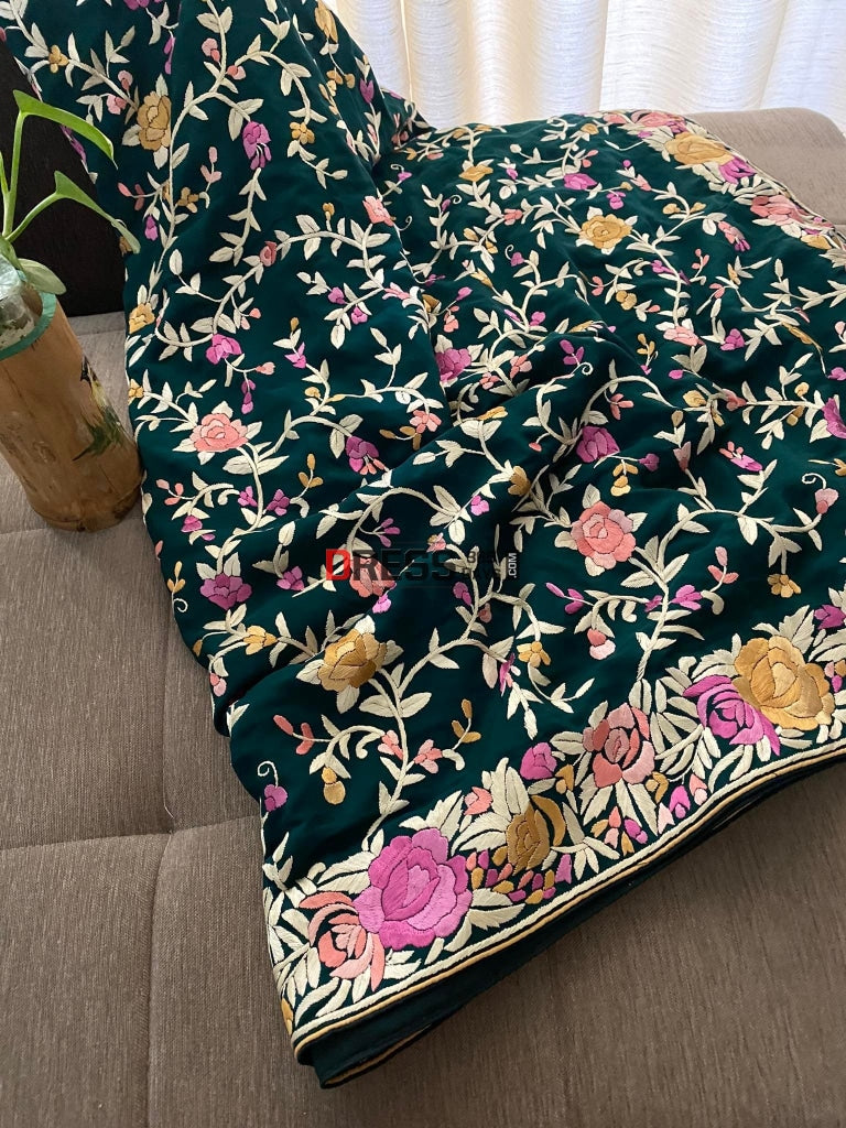 Emerald Green Parsi Gara Hand Embroidered Saree