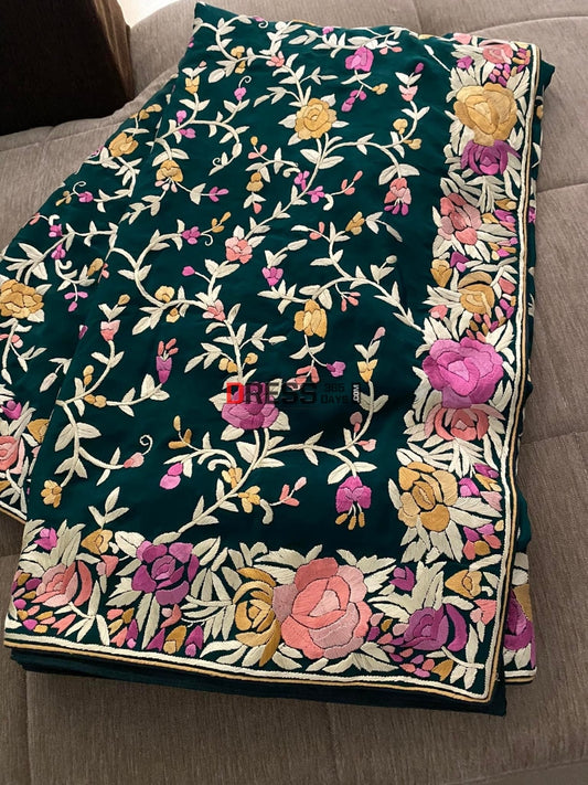 Emerald Green Parsi Gara Hand Embroidered Saree