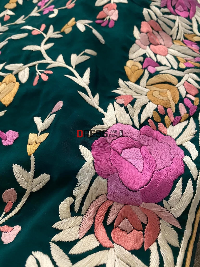 Gara Praid Pre Order Emerald Green Parsi Gara Gara Hand Embroidered Saree ...