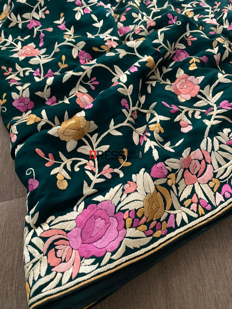 Gara Praid Pre Order Emerald Green Parsi Gara Gara Hand Embroidered Saree ...