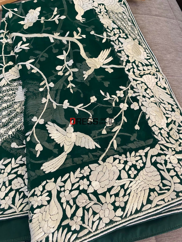 Emerald Green Parsi Gara Pure Georgette Dupatta
