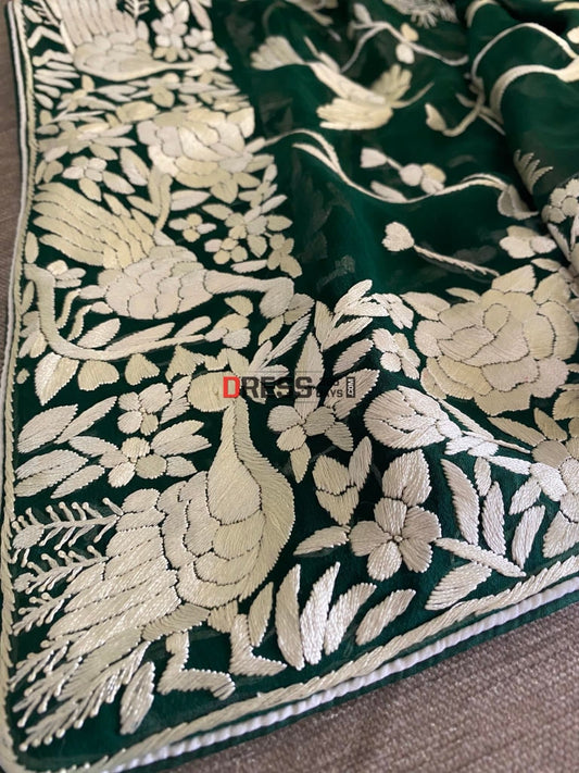 Emerald Green Parsi Gara Pure Georgette Dupatta