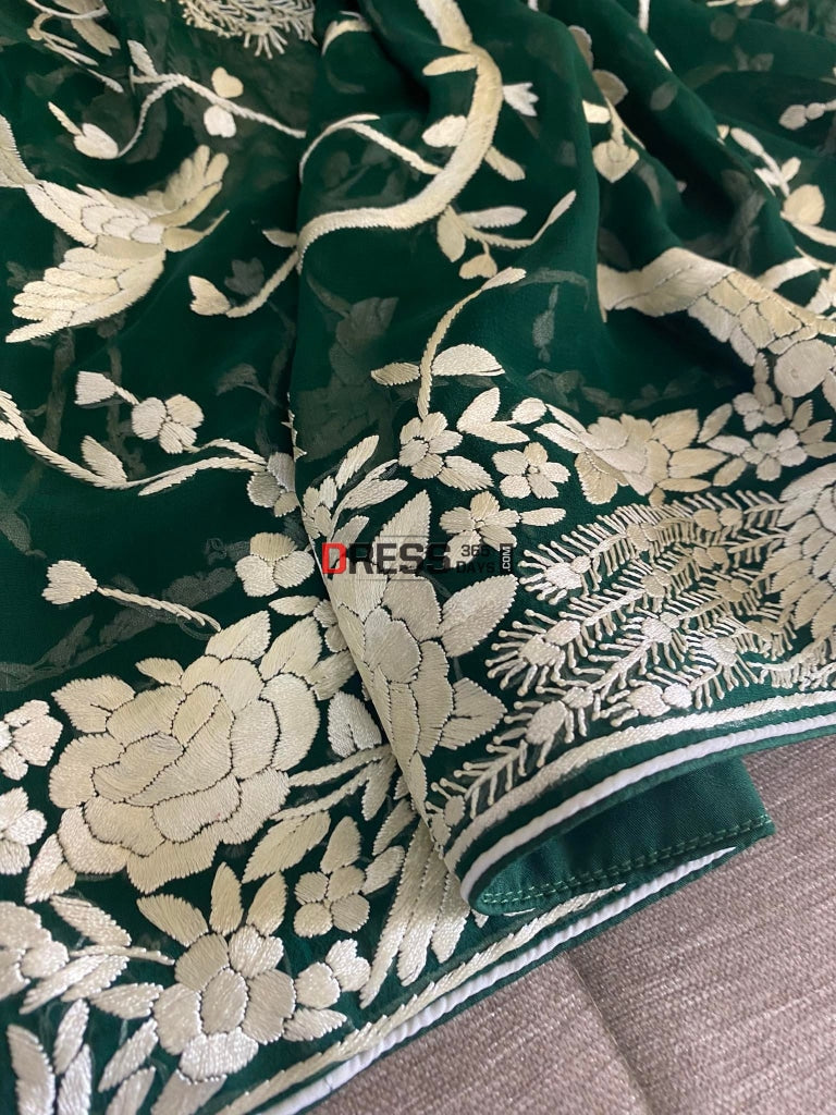 Emerald Green Parsi Gara Pure Georgette Dupatta