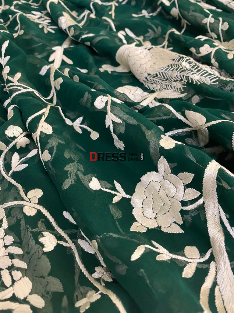 Emerald Green Parsi Gara Pure Georgette Dupatta