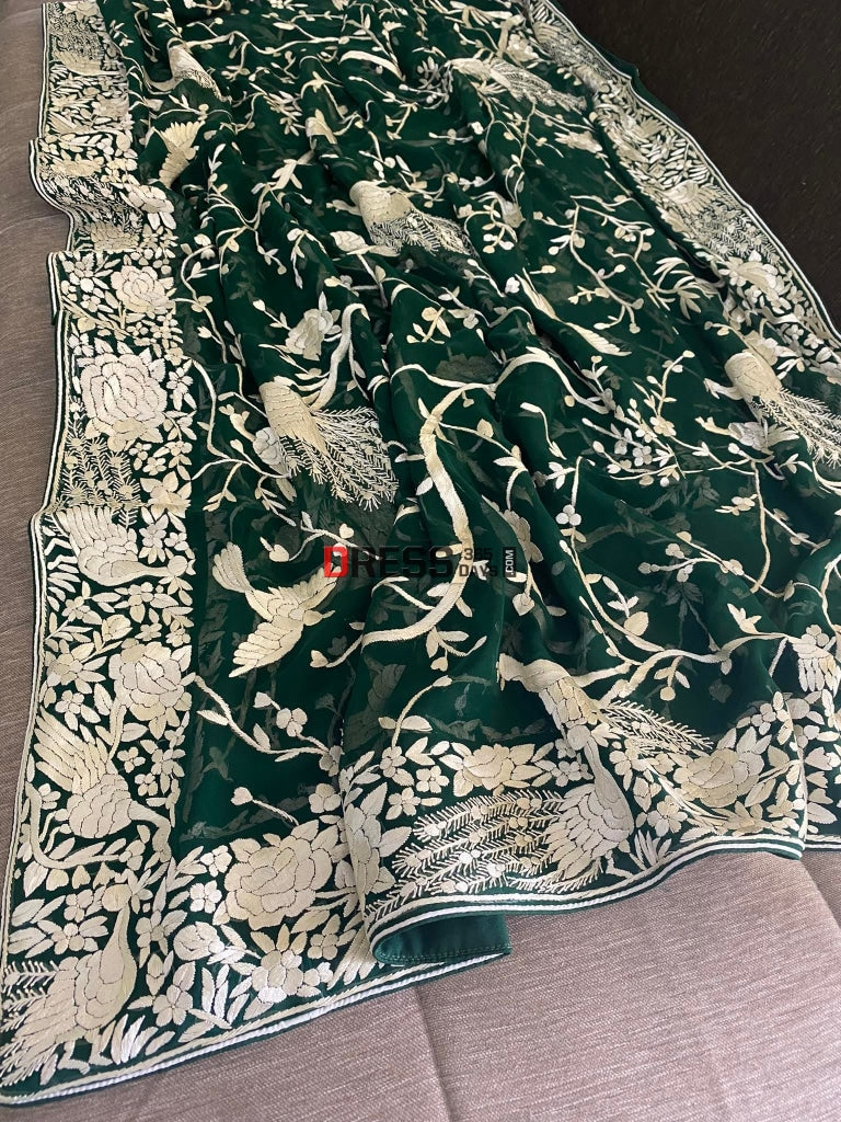 Emerald Green Parsi Gara Pure Georgette Dupatta