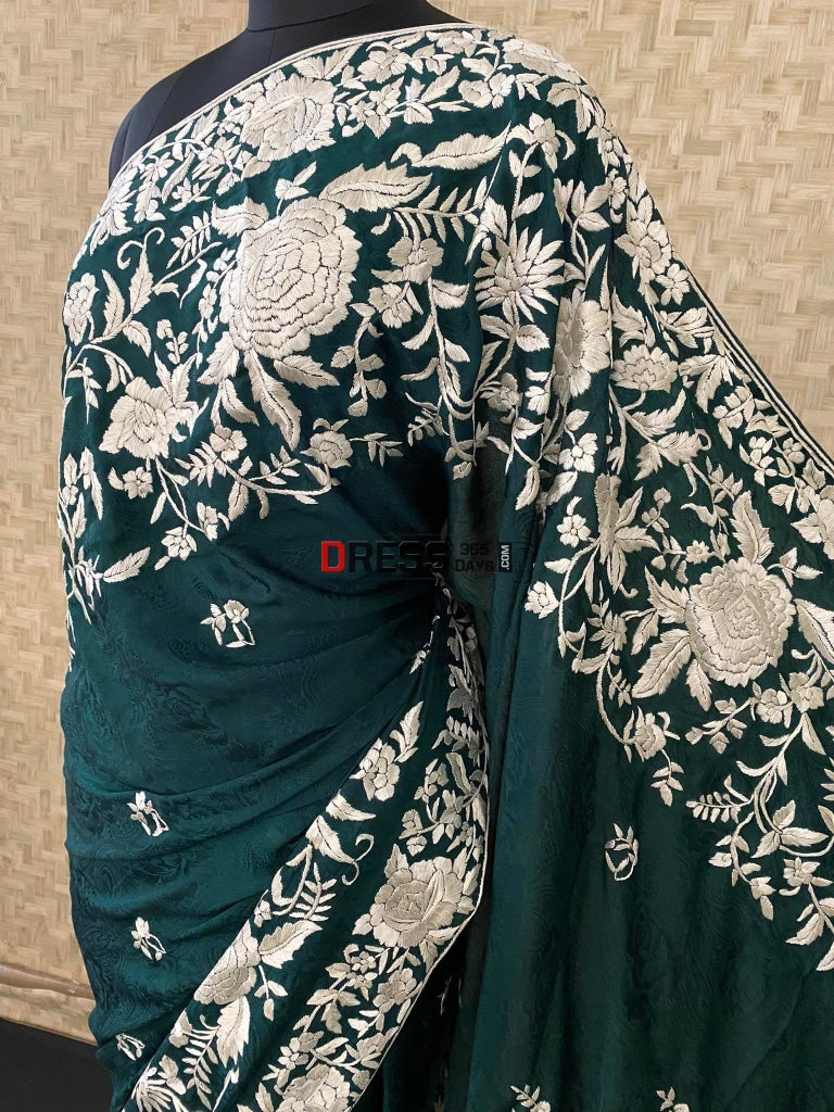 Emerald Green Parsi Gara Saree - Self Design Pure Crepe Silk