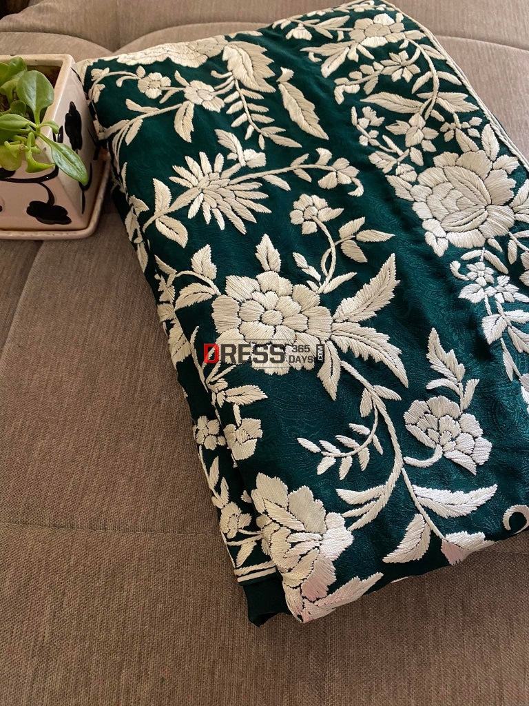 Emerald Green Parsi Gara Saree - Self Design Pure Crepe Silk