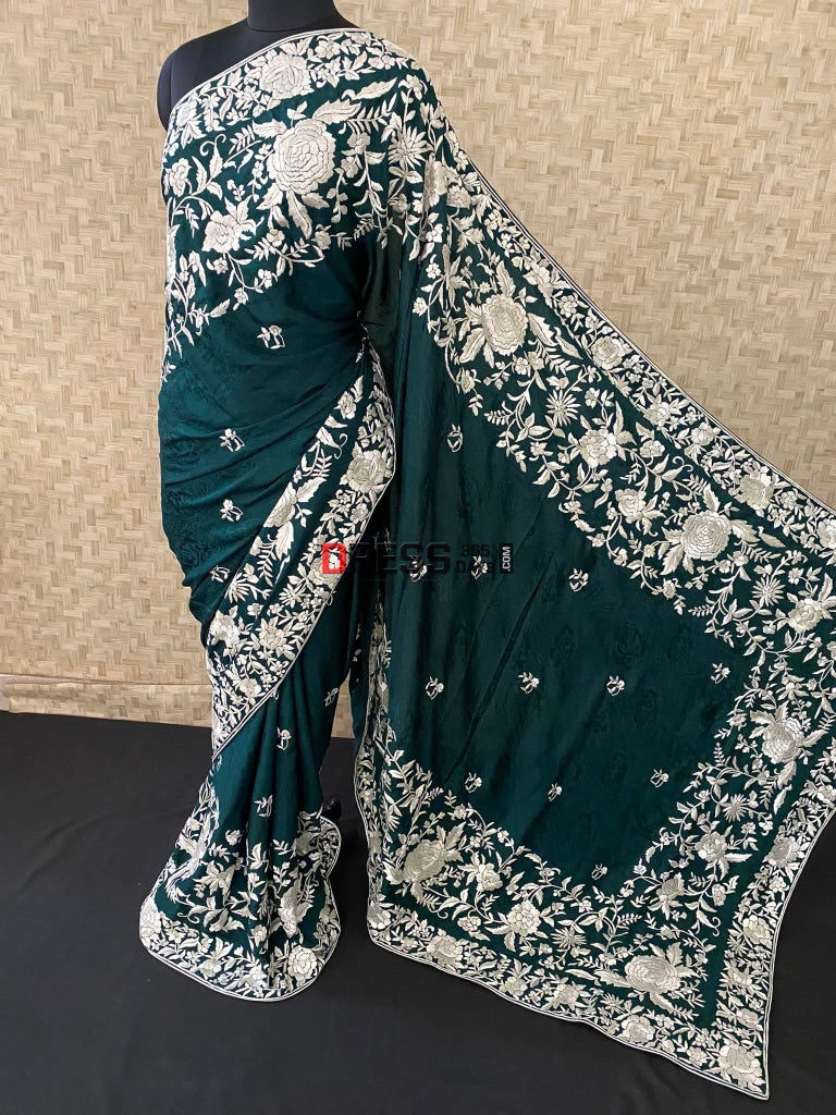 Emerald Green Parsi Gara Saree - Self Design Pure Crepe Silk