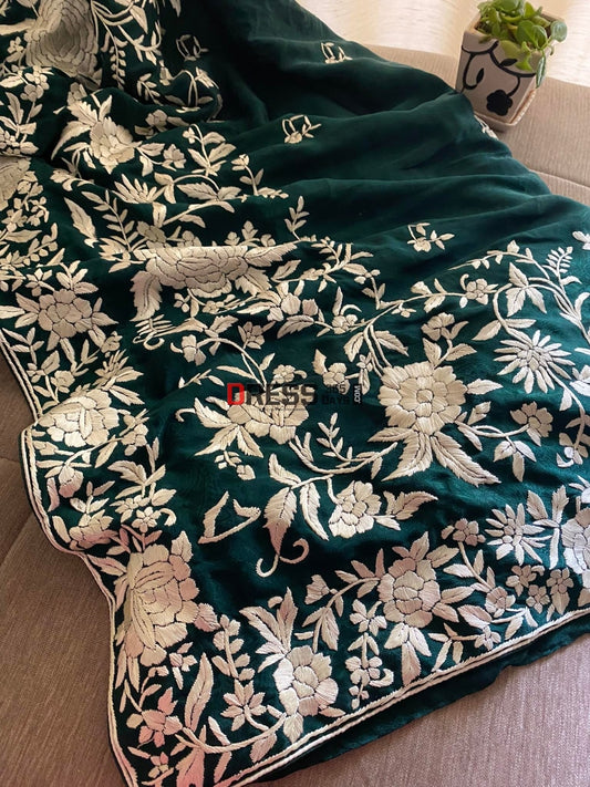 Emerald Green Parsi Gara Saree - Self Design Pure Crepe Silk