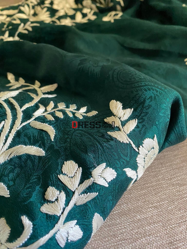 Emerald Green Parsi Gara Saree - Self Design Pure Crepe Silk