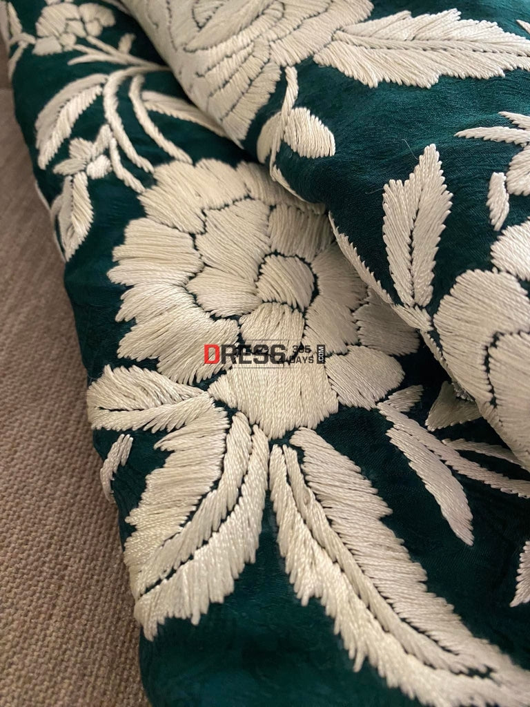 Emerald Green Parsi Gara Saree - Self Design Pure Crepe Silk