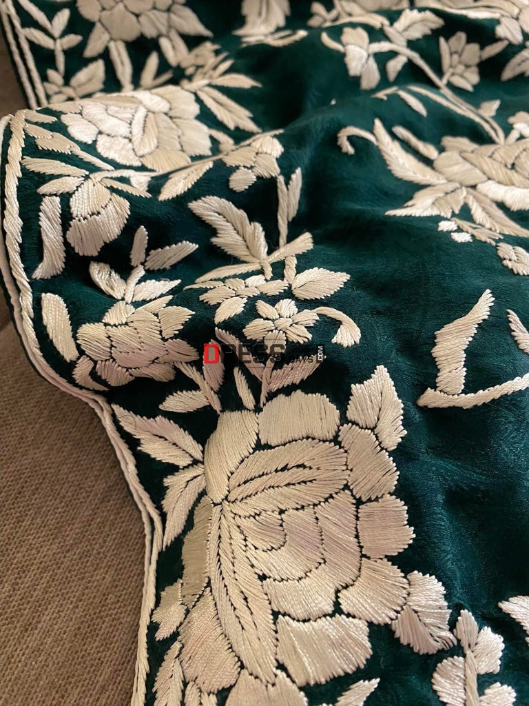 Emerald Green Parsi Gara Saree - Self Design Pure Crepe Silk