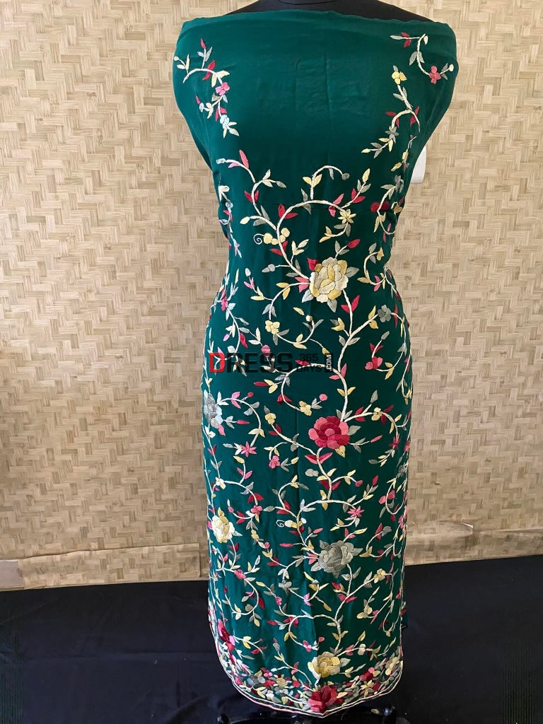 Emerald Green Parsi Gara Suit (Three Piece) Suits