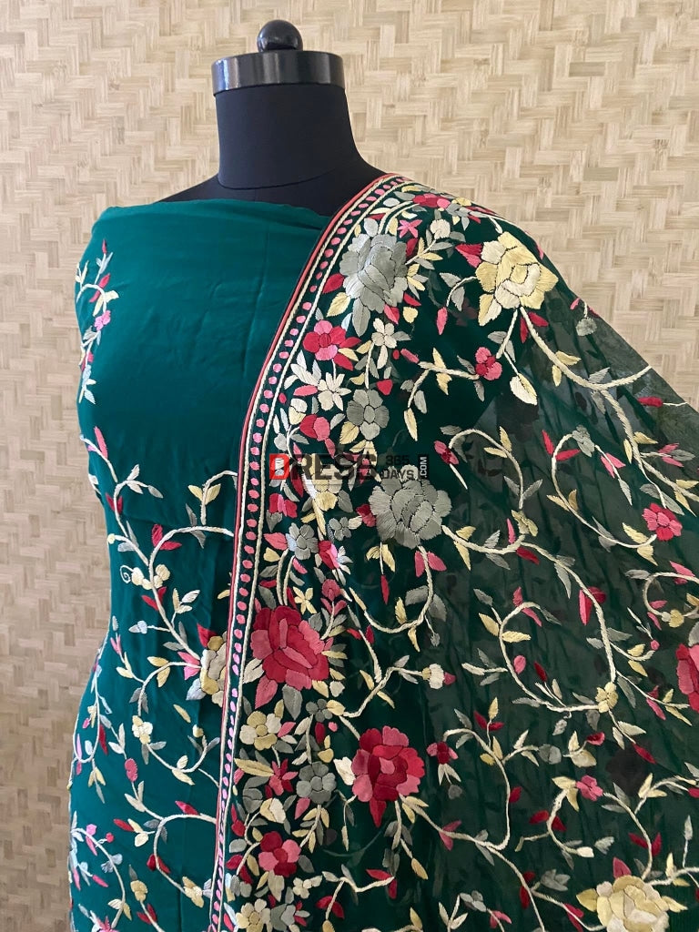 Emerald Green Parsi Gara Suit (Three Piece) Suits