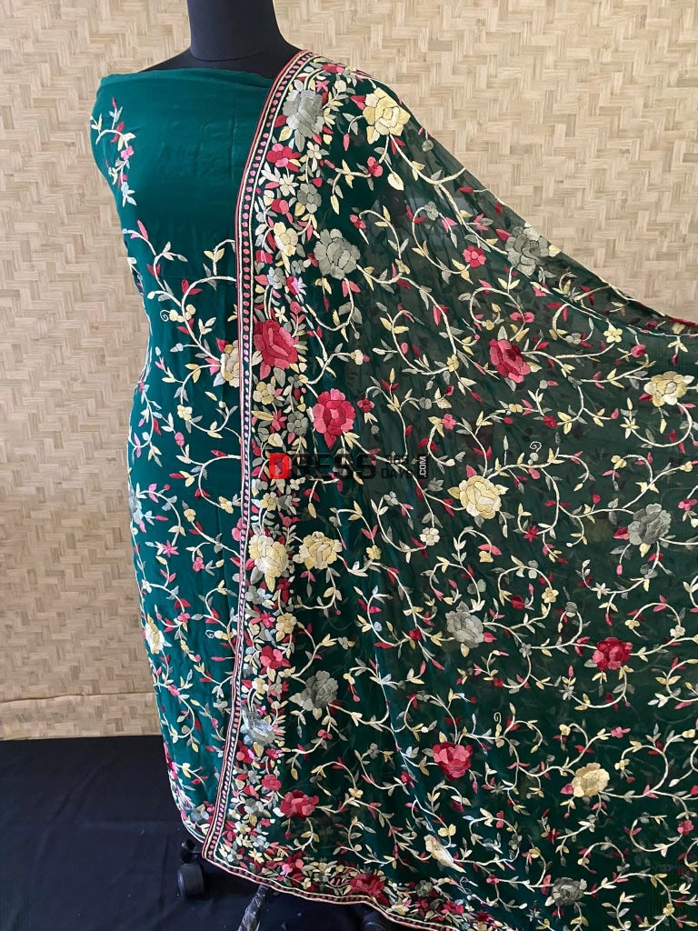 Emerald Green Parsi Gara Suit (Three Piece) Suits