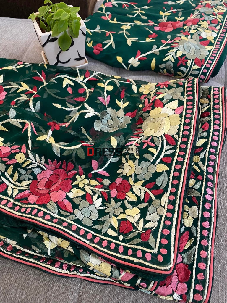 Emerald Green Parsi Gara Suit (Three Piece) Suits