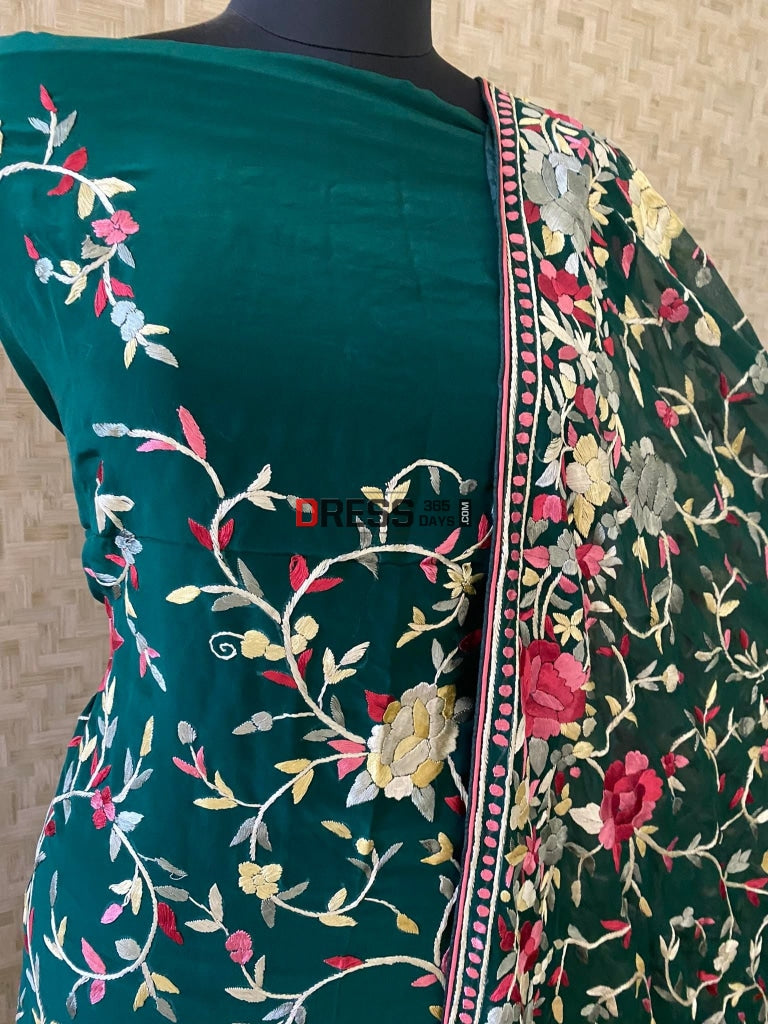 Emerald Green Parsi Gara Suit (Three Piece) Suits