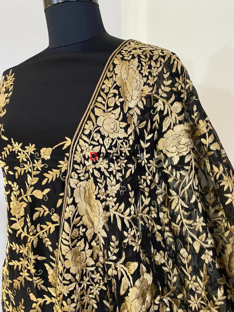 Exclusive Black & Gold Parsi Gara Suit (Three Piece) Suits