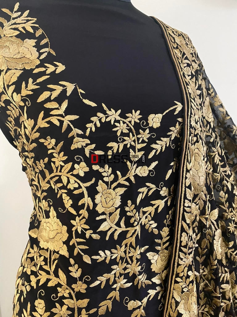 Exclusive Black & Gold Parsi Gara Suit (Three Piece) Suits