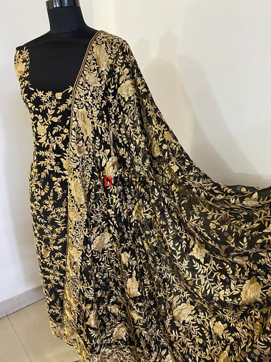 Exclusive Black & Gold Parsi Gara Suit (Three Piece) Suits