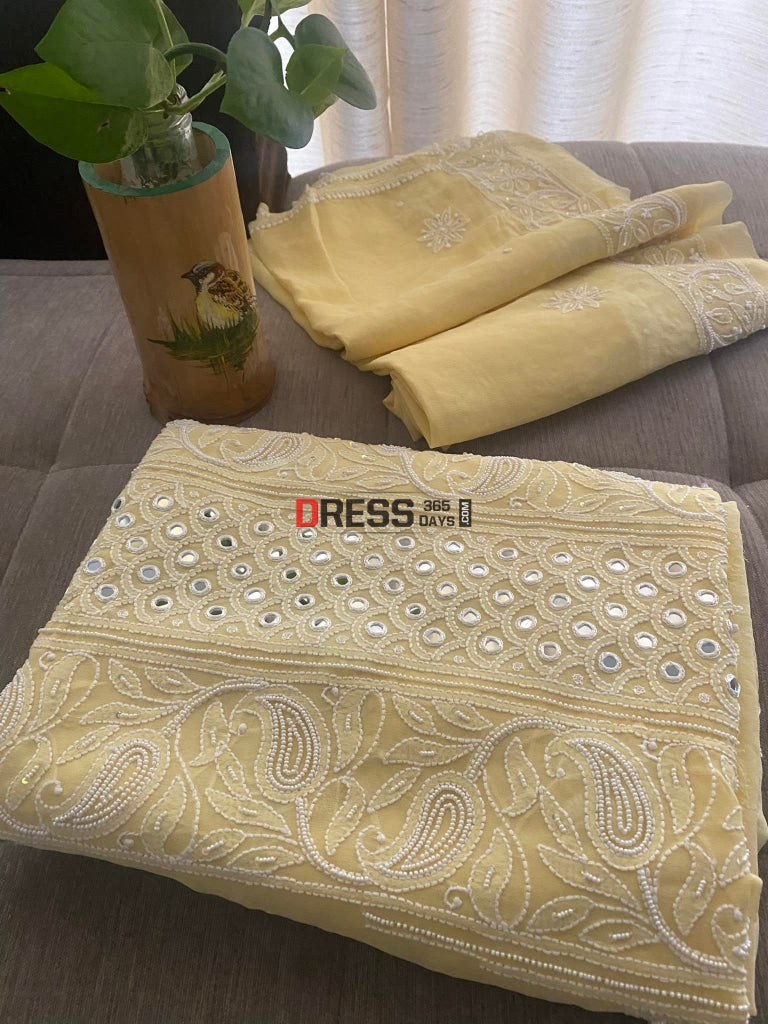 Exclusive Lemon Yellow Pearl & Mirror Chikankari Suit Suits