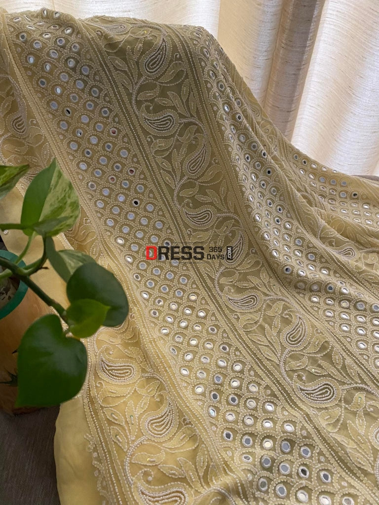 Exclusive Lemon Yellow Pearl & Mirror Chikankari Suit Suits