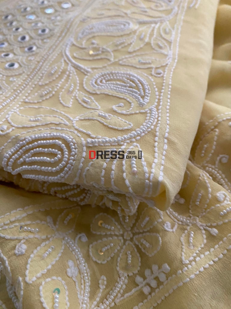 Exclusive Lemon Yellow Pearl & Mirror Chikankari Suit Suits