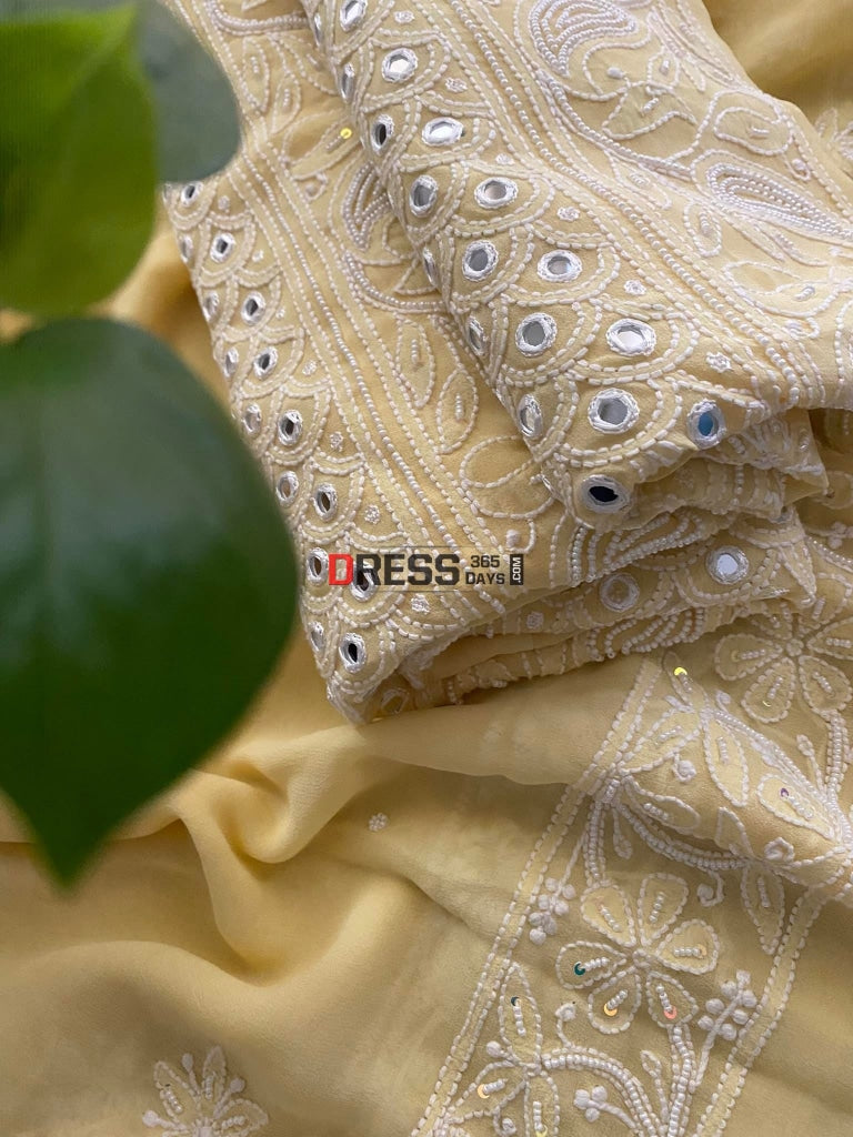 Exclusive Lemon Yellow Pearl & Mirror Chikankari Suit Suits