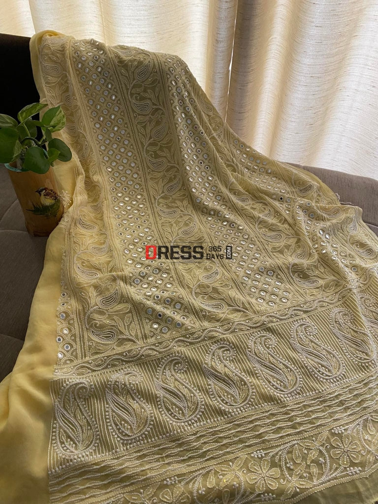 Exclusive Lemon Yellow Pearl & Mirror Chikankari Suit Suits